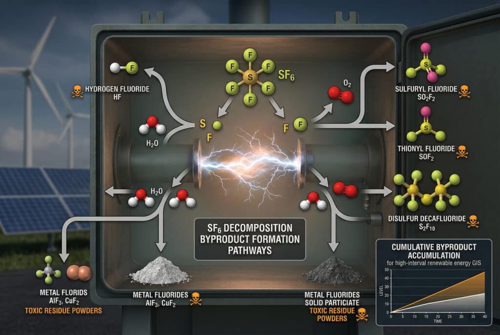 Diagram industri terperinci yang mengilustrasikan jalur kimiawi penguraian gas SF6 selama pelepasan busur api di dalam kompartemen GIS energi terbarukan, membentuk serangkaian produk sampingan yang sangat beracun seperti HF, SO₂F₂, SOF₂, dan S₂F₁₀ yang bereaksi dengan uap air dan oksigen. Simbol beracun menekankan bahayanya.