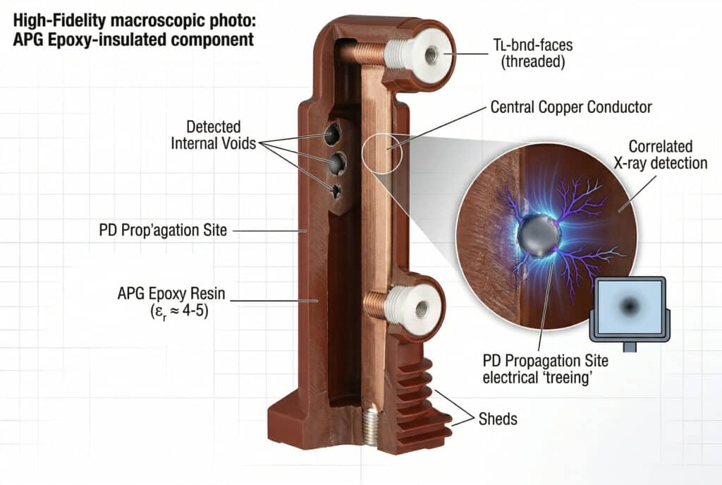 Visualisasi potongan industri dari isolator epoksi APG coklat berbentuk L. Tampilan penampang menunjukkan konduktor tembaga internal yang berjalan secara vertikal melalui badan epoksi. Zoom terperinci pada wilayah tikungan-L menunjukkan rongga mikro pada antarmuka konduktor-epoksi, dengan pola pohon pelepasan parsial berwarna ungu/biru yang terlihat. Ikon hamparan menunjukkan bintik hitam yang terdeteksi oleh sinar-X. Pelabelan teknis dengan detail tinggi, fotorealistik, dalam bahasa Inggris, latar belakang putih bersih.