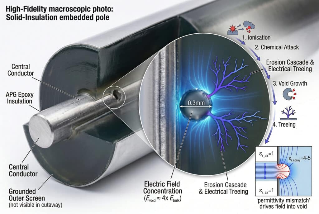 Diagram penampang makroskopis dari tiang yang tertanam dengan insulasi padat. Gambar utama menunjukkan potongan tiang yang memperlihatkan insulasi epoksi APG. Inset yang diperbesar merinci kekosongan berdiameter 0,3 mm di dalam epoksi. Panah dan garis bercahaya memvisualisasikan konsentrasi medan listrik (dilabeli sebagai 4x E_bulk) yang mengarah ke efek pohon pelepasan parsial berwarna ungu yang bercabang melalui insulasi. Ikon ilustrasi terpisah dan diagram merinci kaskade erosi dan mekanisme ketidaksesuaian permitivitas.