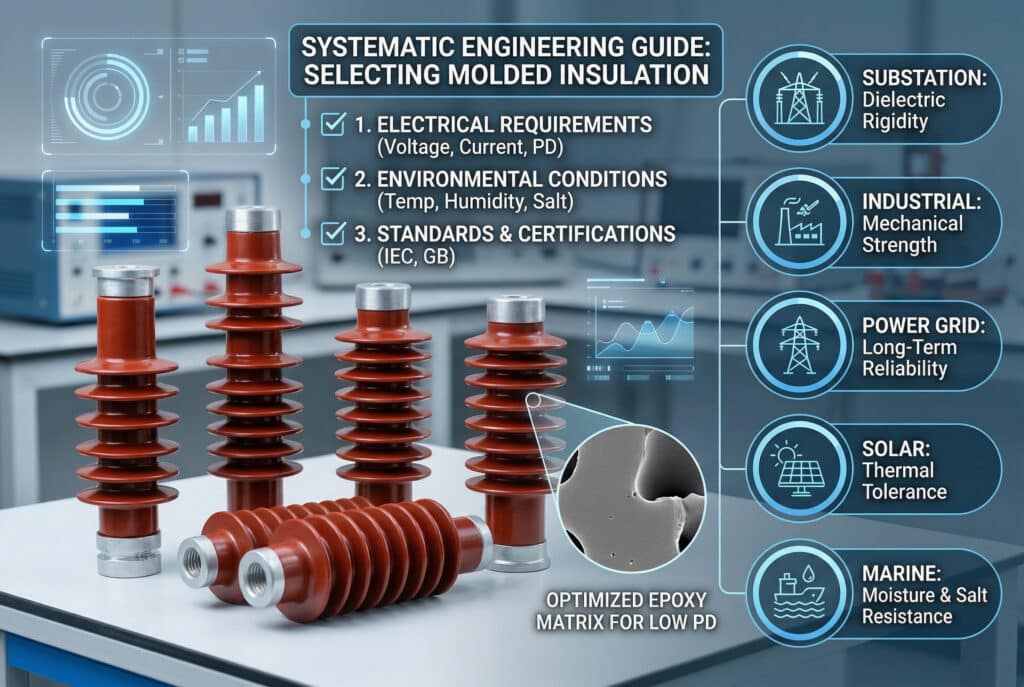 可視化資訊圖表，補充中電壓系統模塑絕緣選擇指南。它在工程工作台上展示了幾種環氧絕緣體，並用發光的數字覆蓋詳細介紹了系統選擇步驟：電氣需求、環境條件以及標準與認證。圖示說明文章中的關鍵應用場景（變電站、太陽能、船舶），強調最佳化的低局部放電 (PD) 性能。.