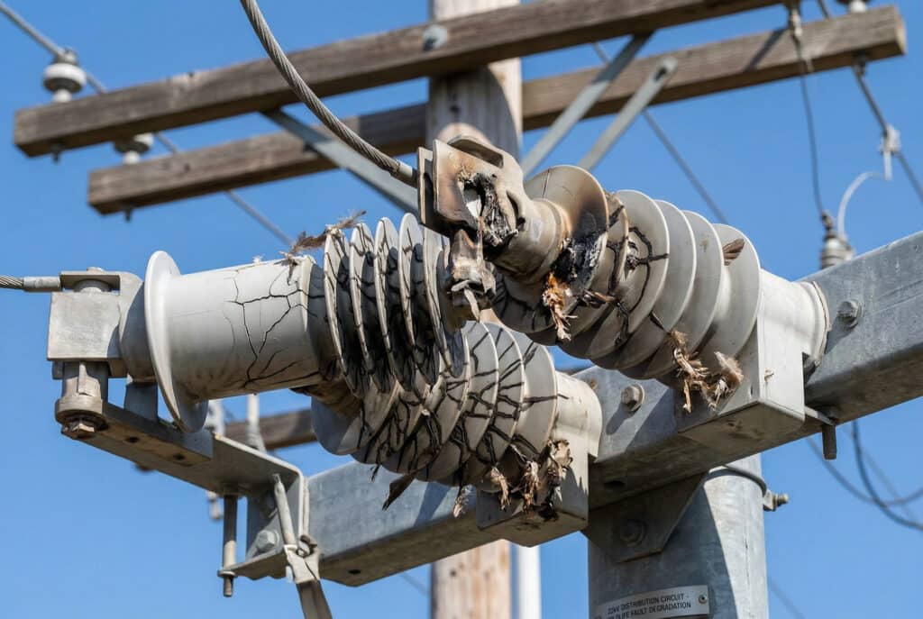 ภาพถ่ายระยะใกล้ของชุดสวิตช์ตัดโหลด (LBS) แบบติดตั้งบนเสา 22 kV ที่ได้รับความเสียหายจากภายนอก ตัวฉนวนแสดงร่องรอยการติดตามของคาร์บอนสีเข้มที่นำไฟฟ้าได้เป็นจำนวนมาก รอยสัมผัสที่หลอมละลาย และรอยไหม้จากอาร์กที่มองเห็นได้ อันเป็นผลมาจากเหตุการณ์ที่สัตว์ป่าสัมผัสกับอุปกรณ์ ทำให้เกิดการลัดวงจรระหว่างเฟส ซึ่งแสดงให้เห็นถึงลำดับความเสียหายจากอาร์กที่เสื่อมสภาพตามที่อธิบายไว้ในบทความ.