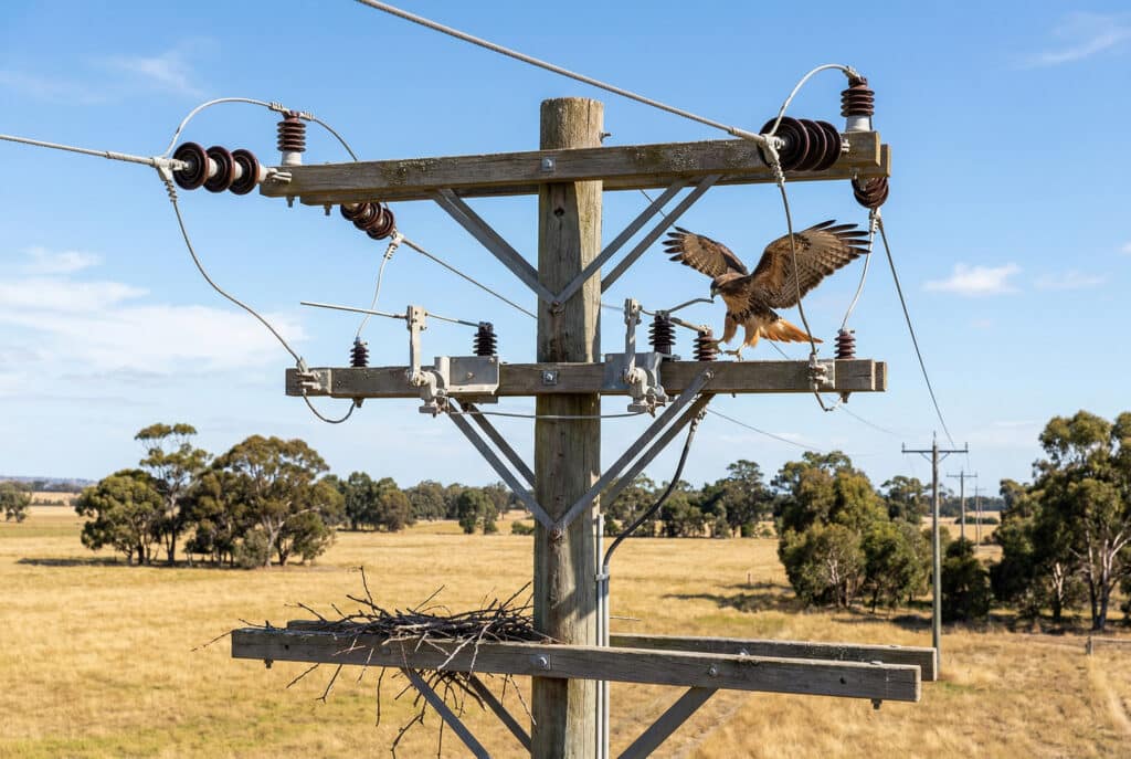 เหยี่ยวขนาดใหญ่ตัวหนึ่งลงจอดบนแขนไขว้ของเสาไฟฟ้าใกล้กับสวิตช์ตัดโหลดกลางแจ้งที่ไม่มีการป้องกันและสายไฟแรงสูง แสดงให้เห็นถึงความเสี่ยงของการเกิดไฟฟ้าดับที่เกิดจากสัตว์ป่าในโครงข่ายไฟฟ้าชนบท.