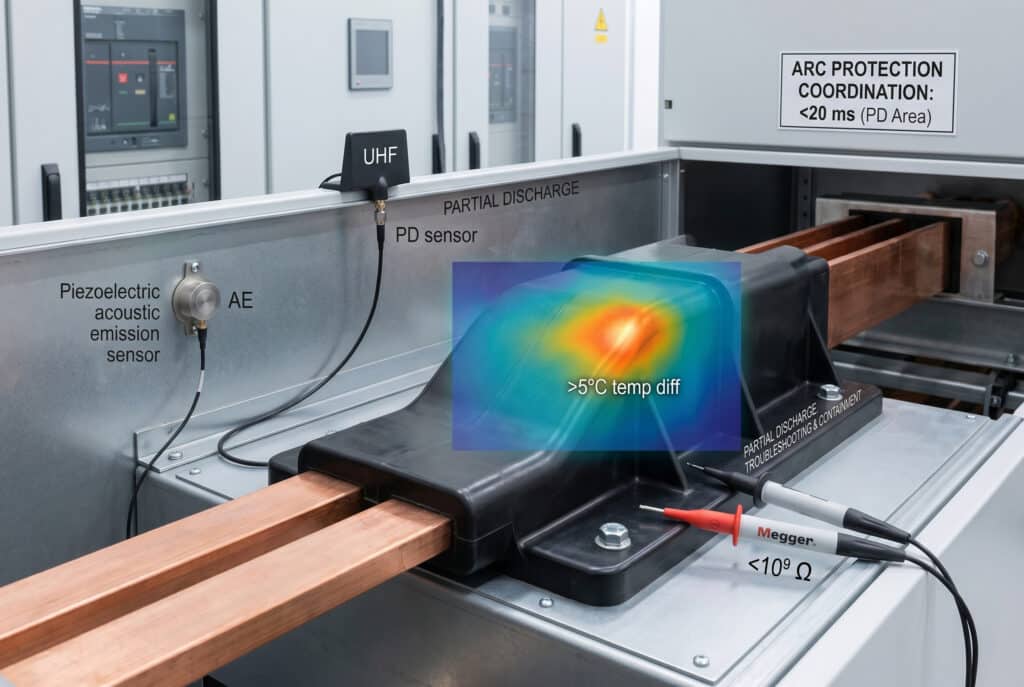 Diagramme visuel illustrant plusieurs méthodes intégrées pour dépister et contenir les décharges partielles sur l'isolation haute tension moulée avant le déclenchement de la protection contre les arcs, montrant les méthodes de détection acoustique, UHF, thermique et de résistance combinées sur et autour d'un support de barre omnibus.