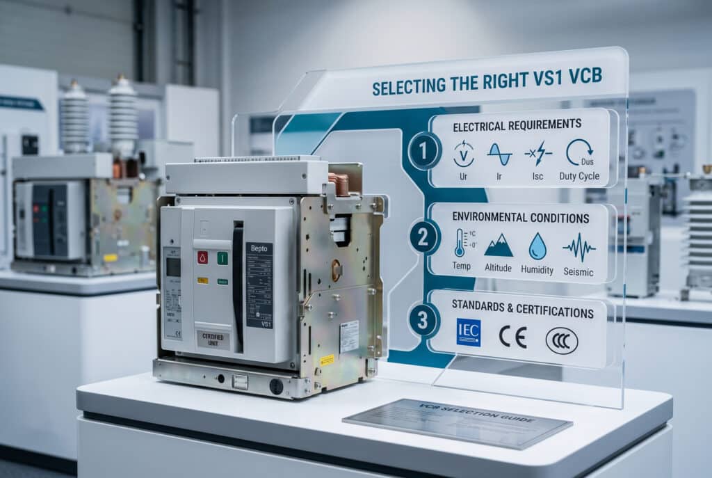 展示架上 Bepto VS1 真空斷路器的專業照片，旁邊的互動圖形面板概述了選擇合適 VCB 的三個關鍵步驟：電氣需求、環境條件以及標準與認證。.