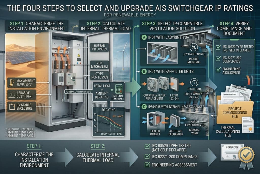 Detaillierte Vergleichsinfografik zum Wärmemanagement in Mittelspannungs-AIS-Gehäusen: Gegenüberstellung einer offenen Konstruktion mit natürlicher Konvektion (links, IP31/IP41), die einen geringen Temperaturanstieg in einem sauberen Innenraum aufweist, und einer versiegelten Konstruktion mit Zwangskühlung (rechts, IP54), bei der eine Lüfter-Filter-Einheit mit einem Filter der Klasse G4 und Labyrinth-Leitblechen verwendet wird, um eine ähnlich niedrige Innentemperatur in einer staubigen Industrieanlage oder einem Umspannwerk für erneuerbare Energien aufrecht zu erhalten. Die zentrale Strömung verdeutlicht, dass die technische Lösung eine Umgestaltung des Luftstroms erfordert, um mit hohen IP-Schutzarten kompatibel zu sein.