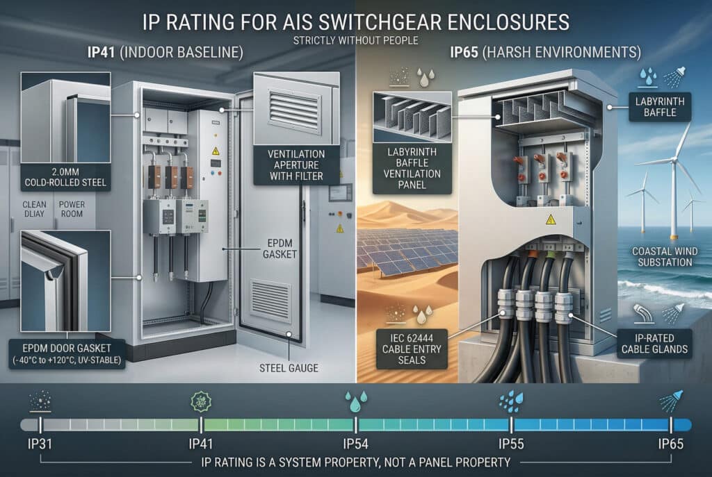 Detaillierte Infografik zum Vergleich der Schutzarten von AIS-Schaltanlagen, in der die Schutzarten IP41 (Indoor Baseline) und IP65 (Harsh Outdoor Environments) gegenübergestellt werden. Die Visualisierung hebt die strukturellen Elemente hervor, die für die Einstufung ausschlaggebend sind, wie z. B. EPDM-Türdichtungen und 2,0-mm-Stahl bei der Inneneinheit, sowie fortschrittliche Merkmale wie Labyrinth-Belüftungsplatten und IP-geschützte Kabelverschraubungen bei der Außeneinheit, die inmitten von Wüstensonnen- und Küstenwindanwendungen gezeigt wird. Eine auffällige Anzeige verbindet die einzelnen IP-Stufen mit den jeweiligen Umwelteinflüssen.