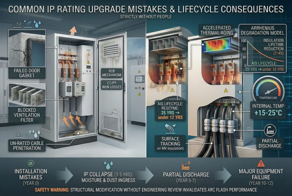 Detaillierte Vergleichsinfografik zu häufigen Fehlern bei der Verbesserung der IP-Schutzarten von AIS-Mittelspannungs-Schaltanlagen, wobei links eine defekte Einheit mit ihren kurz- und langfristigen Folgen gegenübergestellt wird. Die Hinweise auf der beschädigten Einheit weisen auf eine 'FEHLERHAFTE TÜRDICHTUNG' (gerissenes EPDM), einen 'BLOCKIERTEN BELÜFTUNGSFILTER' (verstopfter G4-Filter mit grauem Staub) und eine 'UNBESTÄTIGTE KABELDURCHFÜHRUNG' (nicht-IP-Verschraubungen und Kitt) hin. Die rechte Seite ist mit 'ACCELERATED THERMAL AGING' (beschleunigte thermische Alterung) verbunden und zeigt Wärmekarten für verfärbte Isolierung und eine Lebenszyklusanzeige 'AIS LIFECYCLE: 25 YRS -> under 12 YRS', die sich auf das Arrhenius-Zersetzungsmodell bezieht und eine Sicherheitswarnung über die ungültige Lichtbogeneindämmung enthält.