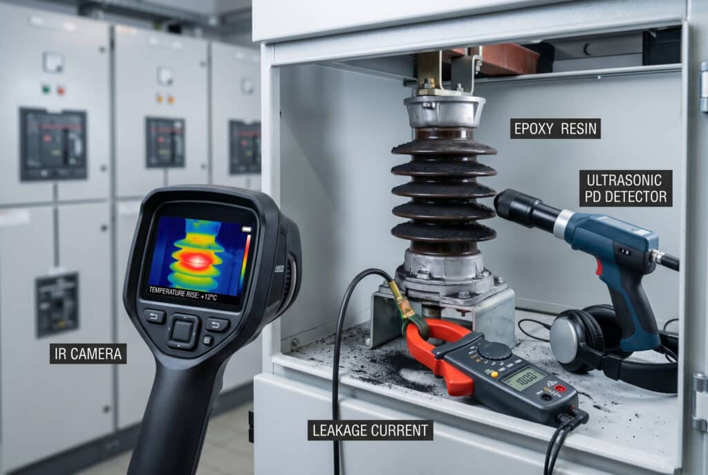 Một bức ảnh chuyên nghiệp có độ phân giải cao chụp bảng tủ điện AIS đang mở trong môi trường công nghiệp, cho thấy các công cụ chẩn đoán chính — đầu dò phát hiện phóng điện cục bộ bằng sóng siêu âm, màn hình camera hồng ngoại hiển thị điểm nóng nhiệt, và kẹp ampe kế đo dòng rò — được bố trí xung quanh một cách điện trung áp bị bám đầy bụi than đen.