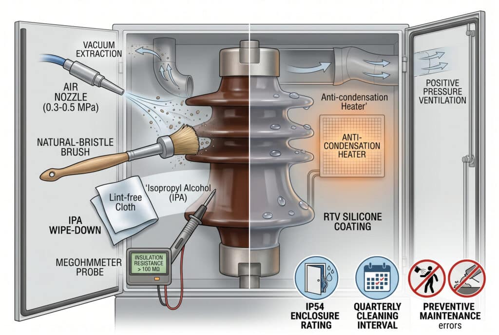 Một hình minh họa kỹ thuật cắt ngang chi tiết cao và ảnh chụp cận cảnh của một cách điện bằng nhựa epoxy nâu chịu cao áp bên trong tủ AIS mở cửa, thể hiện các giải pháp bảo trì và thiết kế tích hợp. Hình ảnh minh họa các bước quy trình như thổi bụi bằng khí nén, hút bụi bằng máy hút chân không, lau bằng cồn isopropyl (IPA) với vải không xơ, và kết quả đo bằng đầu dò máy đo điện trở Megohmmeter cho giá trị "> 100 MΩ." Một mặt được phủ lớp silicone RTV kỵ nước có thể nhìn thấy với các giọt nước hoàn hảo. Các biện pháp thiết kế tích hợp như bộ sưởi chống ngưng tụ, hệ thống thông gió áp suất dương, biểu tượng tròn cho tiêu chuẩn IP54 và lịch được bao gồm. Các nhãn văn bản tiếng Anh được tích hợp.