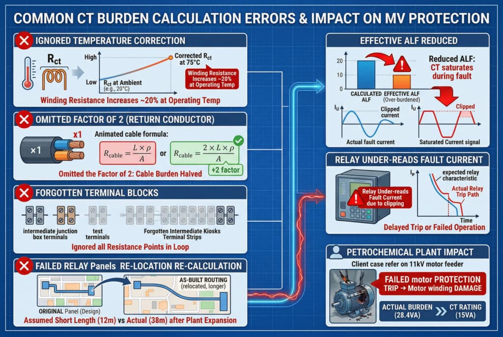 Una completa infografía técnica que detalla cuatro errores principales en el cálculo de la carga del TC -efectos de la temperatura, conductores de retorno, bloques de terminales y cambios de longitud- y los relaciona visualmente con sus repercusiones operativas: reducción del ALF efectivo, lectura insuficiente del relé y fallos del sistema como daños en el motor.