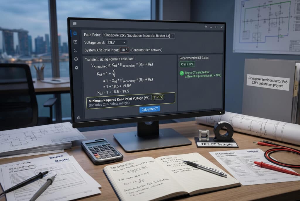 Professional power system protection engineering workstation showing CT selection for differential protection, with a large monitor displaying X/R ratio input, Vk required calculations, TPY class recommendation, Bepto CT specification sheets, handwritten notebook notes for a Singapore semiconductor fab substation, and a physical TPY current transformer sample on the desk, with a softly blurred Singapore skyline at dusk in the background.