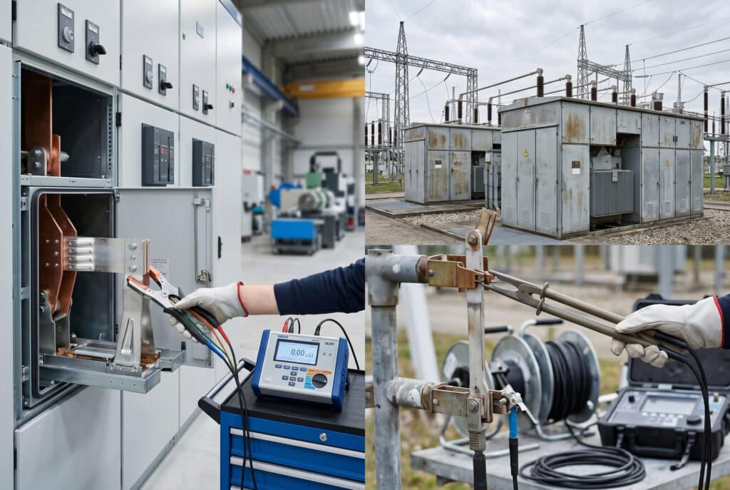 Una imagen dividida verticalmente que contrasta las aplicaciones de prueba de resistencia de contactos de MT. El lado izquierdo muestra un primer plano de una sonda de prueba aplicada a un contacto de disyuntor en una subestación industrial interior, con un óhmetro de baja resistencia visible. El lado derecho muestra un primer plano de sondas de largo alcance aplicadas a un contacto de cuchilla de seccionador en una subestación de alimentador de red exterior más grande entre la infraestructura de transmisión.