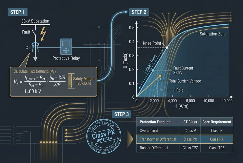 A technical diagram illustrating the 3-step process for selecting a Current Transformer (CT) for a specific protection scheme using its B-H magnetization curve. It displays visual representations of system parameters like maximum fault current ($I_{f\_max}$), calculated flux demand, and burden, mapped onto a B-H curve. The curve clearly marks regions like 'Linear Zone' and 'Saturation Zone' and the 'Knee Point,' demonstrating how selection is verified to avoid saturation. The diagram concludes with a confirmation 'stamp' for Class PX CTs in a transformer differential scheme application.