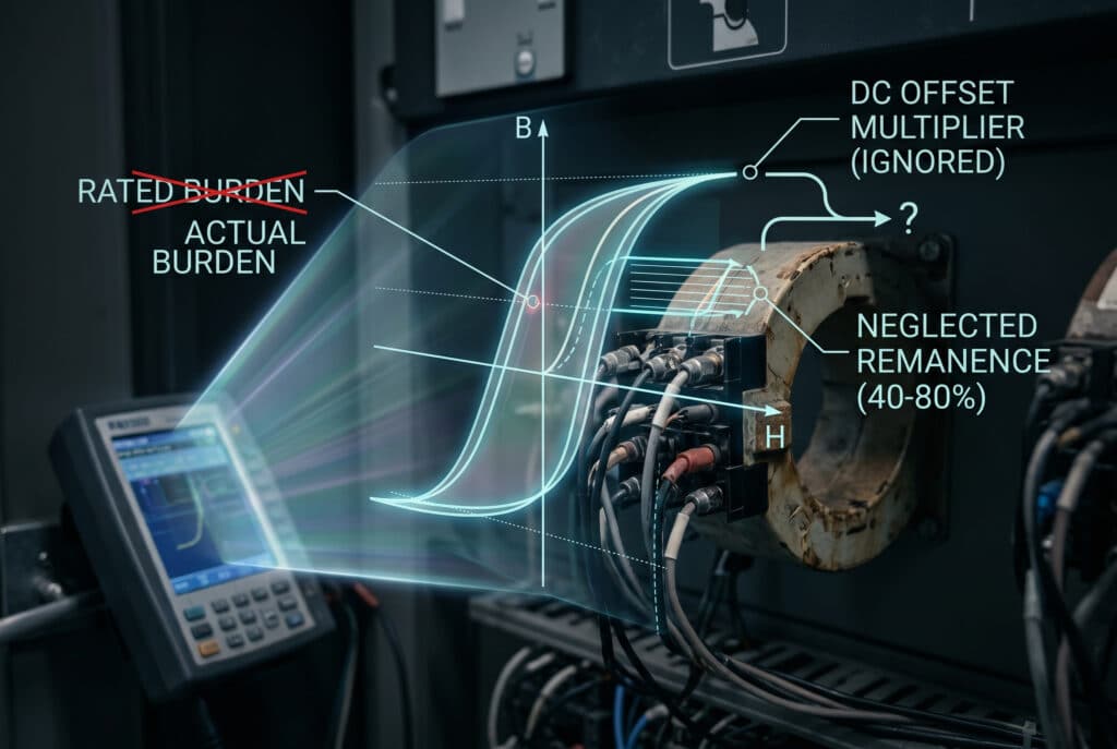 A focused, detailed photograph of a current transformer core and its secondary terminals within a complex power panel. Holographic, data-driven visualizations of critical B-H curve parameters (B vs. H, with labels) are superimposed, illustrating common engineering mistakes. Red-crossed annotations like "IGNORED DC OFFSET" and "NEGLECTED REMANENCE (40-80%)" highlight specific points on the curve and their resulting saturation issues, linking abstract concepts to physical equipment. A separate visualization shows "ACTUAL BURDEN" overriding "RATED BURDEN." The overall style is industrial yet highly technical and analytical, emphasizing data interpretation errors.