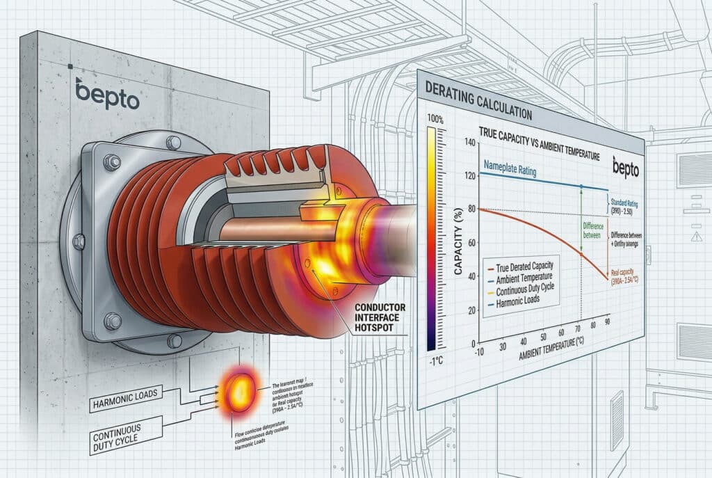 Una compleja ilustración técnica que detalla el cálculo de la reducción de potencia y el análisis térmico de un pasatapas eléctrico de la marca 'bepto', presentado en un limpio estilo de plano. El lado izquierdo muestra una vista en corte detallada del pasatapas, montado en una pared de hormigón, con un gráfico térmico que destaca un 'PUNTO CALIENTE DE INTERFACE DEL CONDUCTOR'. Múltiples factores como 'CARGAS ARMÓNICAS' y 'CICLO DE TRABAJO CONTINUO' se muestran como entradas en un proceso térmico. A la derecha, un gráfico de datos titulado 'CÁLCULO DE LA DISMINUCIÓN' y 'CAPACIDAD VERDADERA VS TEMPERATURA AMBIENTE' traza un gráfico de la capacidad 100% a bajas temperaturas, con una curva que muestra la 'Capacidad Disminuida Verdadera' reducida hasta -1 °C. Una línea horizontal separada muestra la 'Capacidad nominal'. Las etiquetas indican las diferencias numéricas y los valores nominales estándar. El fondo muestra dibujos técnicos de cuadros eléctricos y bandejas.