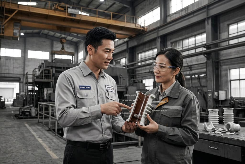 在東亞一家鋼鐵廠的鑄造區，一位穿著整潔工作服、自信滿滿的男性 Bepto Electric 技術專家（東亞人）指著 APG 環氧樹脂壁套管橫截面上的整體密封和疏水表面特徵，而一位穿著實用安全裝備、細心的女性維修經理（東亞人）則拿著這個橫截面。在遠處的工作台上可以看到碎裂的瓷質襯套碎片，形成對比。這個場景強調解決方案和彈性。.