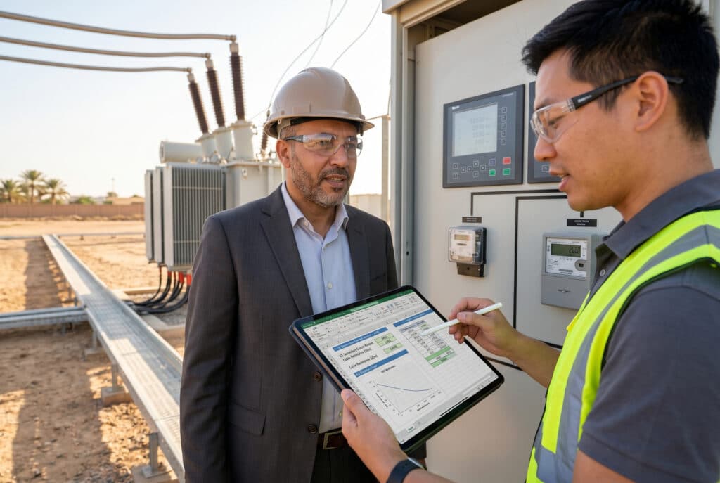 In a 33kV substation in North Africa, a North African EPC procurement manager (left), representing the customer, listens attentively as an East Asian engineer (right), a Bepto representative, uses a tablet to explain the detailed CT burden and effective ALF calculation results, resolving metering accuracy errors caused by a long cable run. Large 33kV CTs, a metering panel, and distant cable trays define the professional setting.