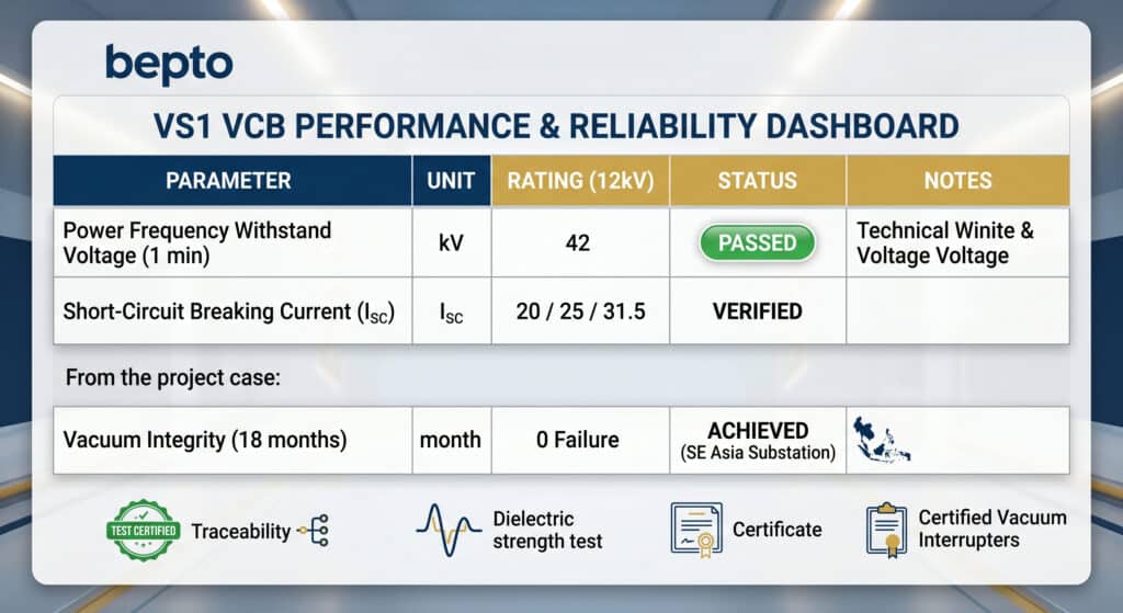 現代、簡潔的圖形儀表板介面，搭配顯眼的 Bepto 標誌，取代逼真的產品照片。圖像是複雜的技術資料可視化，包含結構化的表格、圖形和狀態指示器。主要的表格顯示「工頻耐壓 (1 min) | 42 kV | PASSED」和「短路斷路電流 (Isc) | 31.5 kA | VERIFIED」等參數。較小的圖形部分顯示「真空完整性 (18 mos in SE Asia Substation) | 0 Failure | ACHIEVED」、綠色「TEST CERTIFIED」標章圖形、辯證強度波形圖，以及材料成分報告圖示。所有文字均銳利正確，風格為純資訊圖形，配色為深藍、金色和白色。.