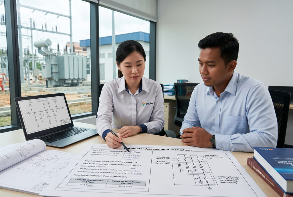 Zwei zuversichtliche Ingenieure von Bepto und einem südostasiatischen EPC-Kunden arbeiten in einem modernen Ingenieurbüro während einer Netzaufrüstung zusammen und prüfen ein 'Parameter Assessment Worksheet' mit präzise kommentierten technischen Berechnungen wie Systemfehlerstrom$$I_{fault}$$ und eine vergleichende Sicherungstabelle aus dem fünfstufigen Auswahlleitfaden.