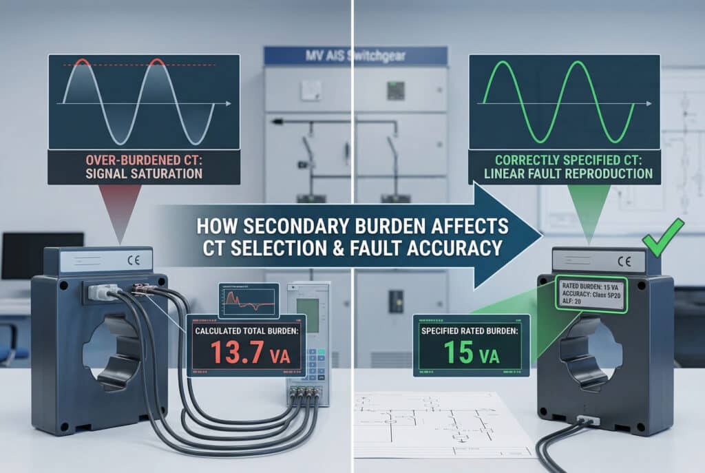 Infografía técnica detallada que visualiza el impacto de la selección de la carga en la precisión y fiabilidad del transformador de corriente (TC). Muestra una comparación dividida: el lado izquierdo ilustra una carga calculada de 13,7 VA que da como resultado una señal de falta saturada, mientras que el lado derecho muestra una carga nominal especificada de 15 VA que da como resultado una señal de falta precisa y lineal que reproduce el multiplicador de la corriente de falta. Las etiquetas destacan el ejemplo de cálculo y la especificación final: 'CARGA NOMINAL ESPECIFICADA: 15 VA (Clase 5P20)'.