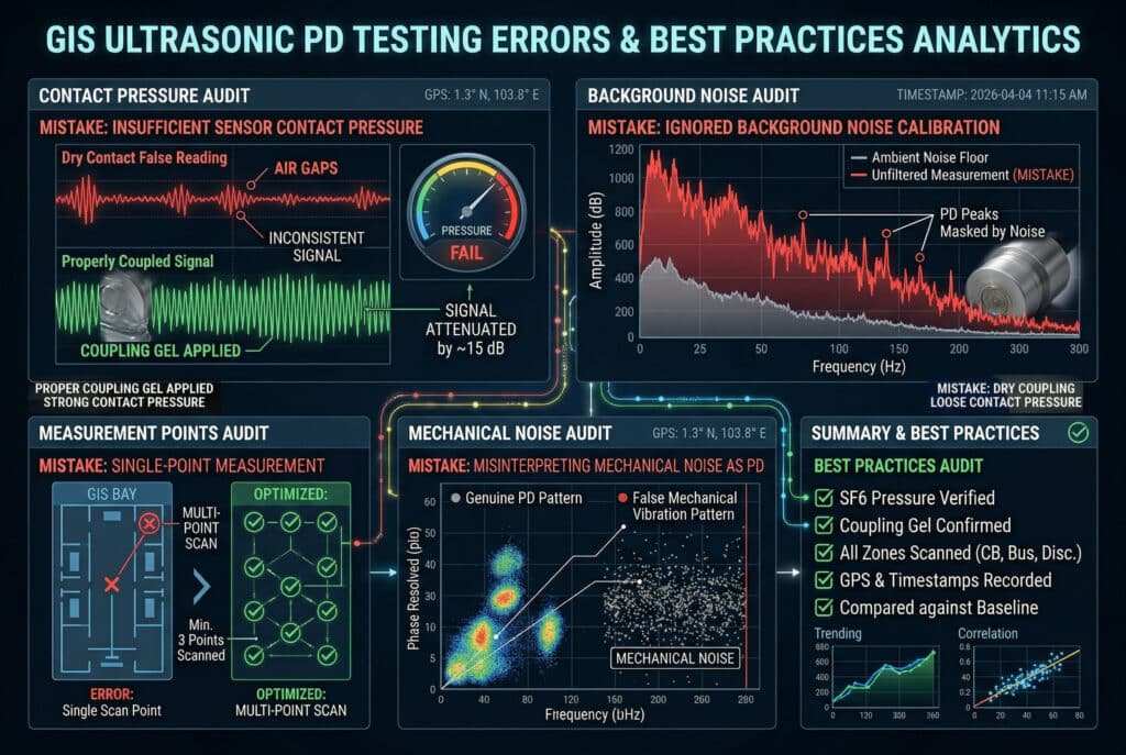 Eine detaillierte digitale Dashboard-Visualisierung analysiert Daten von GIS-Ultraschall-Teilentladungsprüfungen und stellt häufige Fehler - wie falsche Messwerte bei Trockenkontakten, ignorierte Umgebungsgeräusche, Ein-Punkt-Scans und falsch-positive Ergebnisse bei mechanischen Geräuschen - bewährten Verfahren wie verifiziertem Gasdruck, Trend-Basislinien und vollständiger Zonenabtastung gegenüber.