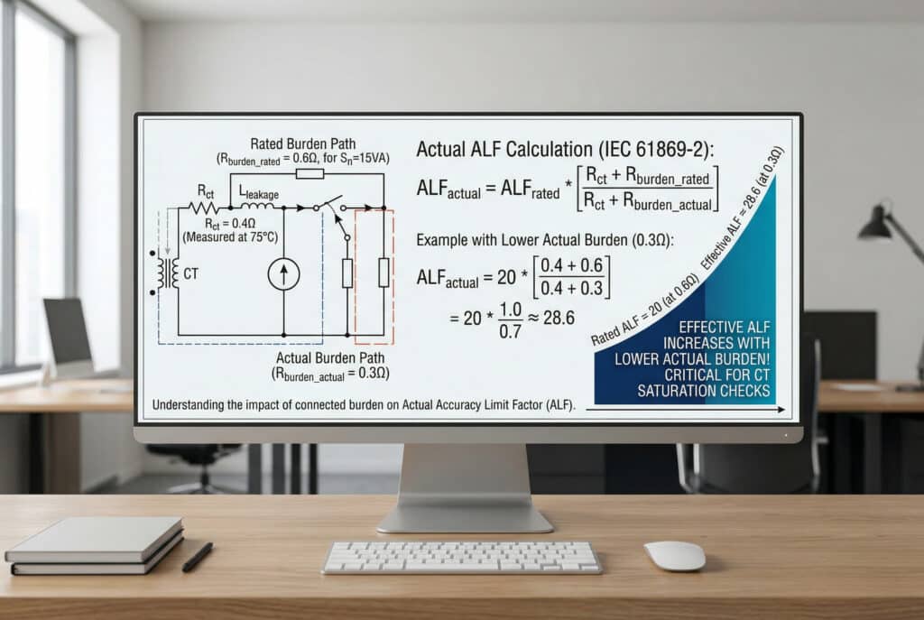 Detailed technical infographic explaining how Actual Accuracy Limit Factor (ALF) shifts. It includes a schematic of the CT equivalent circuit showing winding and variable burden resistances, a step-by-step breakdown of the IEC 61869-2 formula, and a specific calculation example where a lower actual burden increases the effective ALF from 20 to approximately 28.6, highlighting critical implications for engineers.