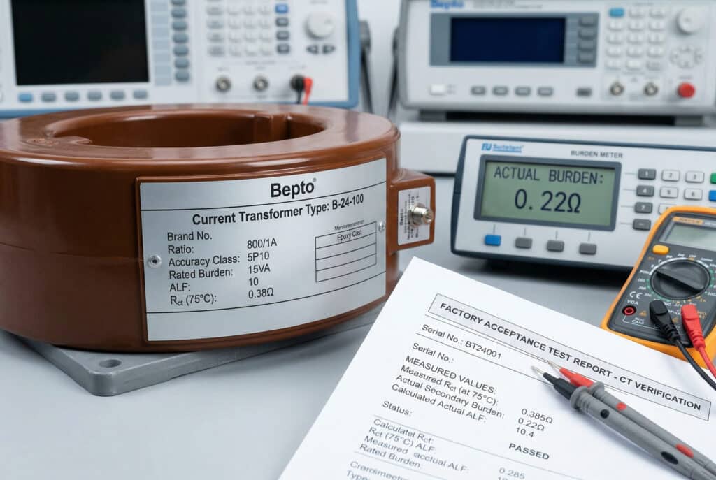 Detailed close-up on a Current Transformer (CT) manufacturer nameplate next to an official Factory Acceptance Test (FAT) report and test equipment. The scene highlights key parameters like 'Ratio: 800/1A', 'Accuracy Class: 5P10', 'Rated Burden: 15VA', 'ALF: 10', and 'Rct (75°C): 0.38Ω'. A burden meter screen in the foreground displays 'ACTUAL BURDEN: 0.22Ω', and a multimeter probe is present. The entire technical setup and documentation visualizes the critical importance of meticulous validation to prevent specification and installation mistakes. No people are present.