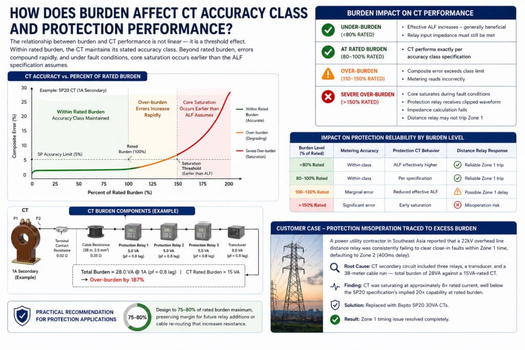 Technical infographic explaining how CT burden affects accuracy class and distance protection performance, showing burden threshold behavior, composite error growth, ALF reduction, early core saturation, Zone 1 relay delay risk, and a field case where excessive secondary burden caused protection misoperation.