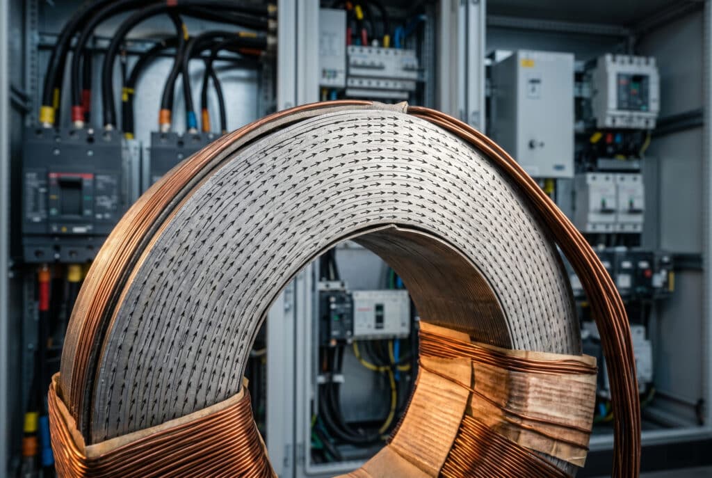 Tane yönelimli silikon çelik CT çekirdeğin ayrıntılı bir yakın çekim resmi. Görüntü, akım kaldırıldıktan sonra çoğunlukla hizalanan küçük manyetik alan oklarıyla iç tane yapısını göstermekte ve görsel olarak çekirdeğin içinde kilitli kalan yüksek kalıcı akı yoğunluğunu (Br) temsil etmektedir. Çekirdek, kablolar ve sargılar içeren daha büyük bir endüstriyel elektrik panosunun bir parçasıdır ve artık manyetizmaya neden olan bir arıza akımı olayına işaret etmektedir.