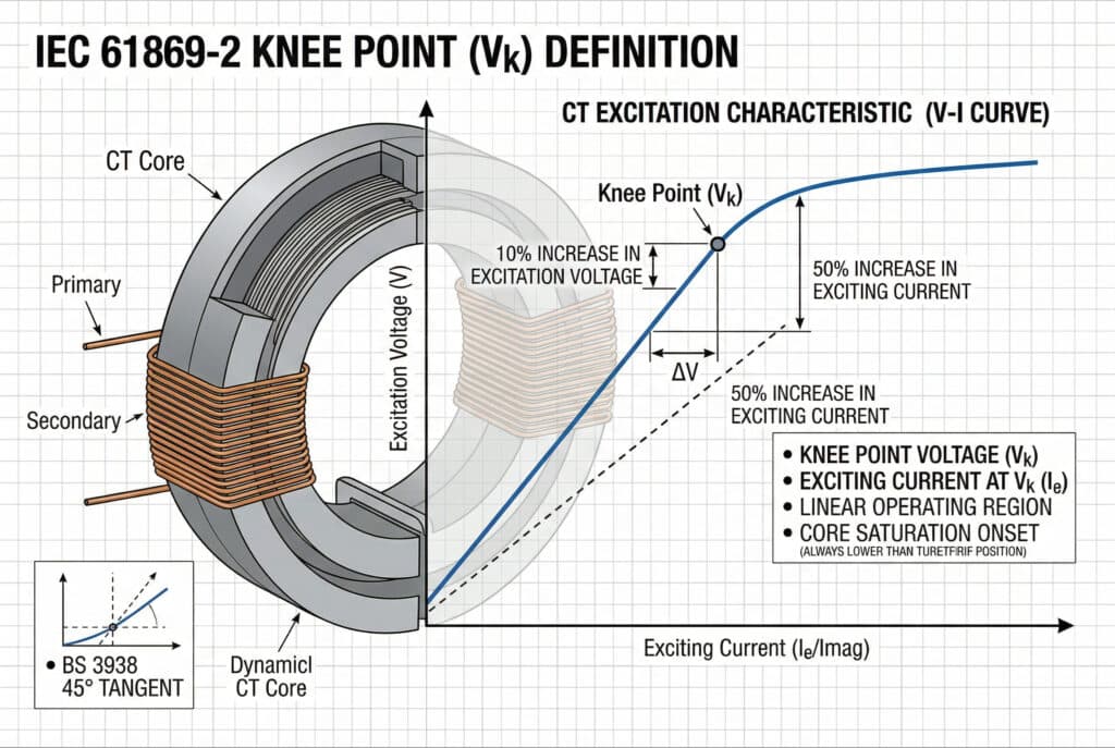 IEC 61869-2 standartlarına göre Akım Transformatörü (CT) diz noktası voltajını (Vk) tanımlayan teknik bir şematik çizim. Solda fiziksel bir CT çekirdeği ve sağda bir V-I uyarma eğrisi grafiği gösterilmekte olup, 10%'lik bir voltaj artışının 50%'lik bir heyecan verici akım artışına neden olduğunu gösteren kesin vektörler etiketlenmiştir ve manyetik çekirdek doygunluğuna geçişi vurgulamaktadır. Daha küçük bir ekte alternatif BS 3938 45° tanjant tanımı da gösterilmektedir.