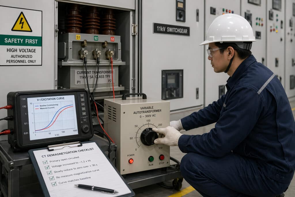Maintenance technician performing AC demagnetization and magnetization-curve verification on a current transformer in an 11kV switchgear room, illustrating how residual flux is measured, eliminated, and monitored during substation service maintenance.