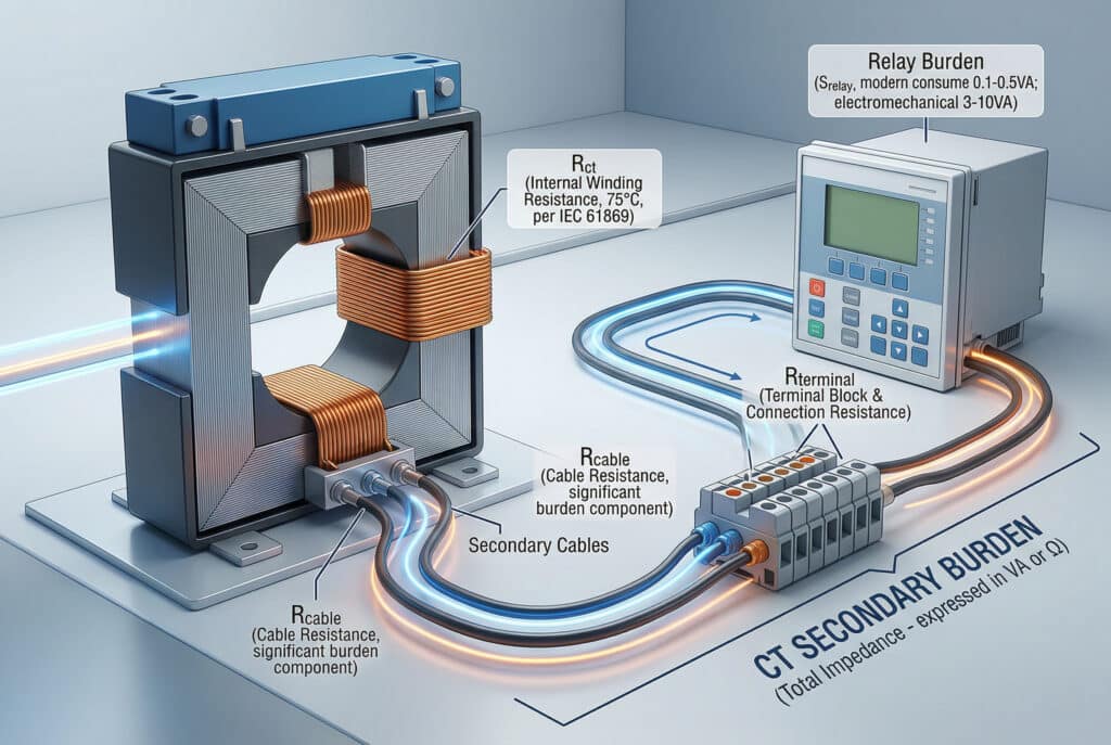 Visualización técnica detallada de los componentes de carga secundaria de los transformadores de corriente (TC), presentada en un contexto de laboratorio. Un corte de un TC muestra la resistencia interna del devanado (Rct), conectada por cables secundarios (Rcable) a bloques de terminales industriales (Rterminal), que conducen a un relé de protección numérico moderno (Relay Burden, Srelay). La trayectoria de impedancia total, que combina todos estos elementos, se enfatiza visualmente con un flujo de corriente azul y naranja brillante unificado y etiquetas como 'CT SECONDARY BURDEN (Total Impedance - expressed in VA or Ω)', haciendo referencia a la norma IEC 61869-2.