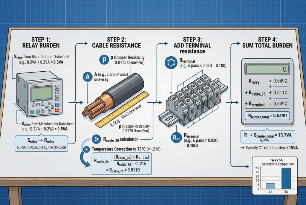Ilustración técnica detallada de una hoja de cálculo de la carga secundaria de un transformador de corriente (TC). La infografía muestra una secuencia de cuatro pasos gráficos sobre un fondo de plano: determinación de la carga del relé (Srelay) y conversión a Rrelay, cálculo de la resistencia del cable (Rcable_75) con corrección de temperatura para longitud unidireccional y propiedades del cobre, suma de la resistencia del terminal (Rterminal) para pares múltiples y suma de la resistencia total de la carga. Concluye con una suma de valores de ejemplo (0,02 + 0,511 + 0,18 = 0,549Ω) convertidos a 13,7VA a 5A, apuntando a la especificación final: 'Especificar carga nominal del TC ≥ 15VA'. Una comparación pone de manifiesto el enorme impacto del secundario de 5A en la carga del cable.