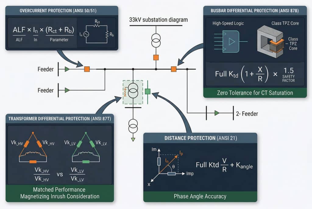 Belirli koruma işlevleri için dört farklı CT diz noktası gerilim hesaplama metodolojisini gösteren ve tümü 33kV trafo merkezi düzenini referans alan teknik bir şematik akış diyagramı. Dijital hesaplama bölmeleri oklarla ANSI aşırı akım (50/51), trafo diferansiyel (87T), mesafe (21) ve bara diferansiyel (87B) bölgelerine bağlanarak aşırı akım için ALF, trafo diferansiyel için eşleştirilmiş YG/AG parametreleri ve bara koruması için 1,5 SF ile tam Ktd gibi her biri için benzersiz değiştirilmiş formülleri göstermekte ve kritik performans farklılıklarını vurgulamaktadır. Tüm teknik metinler okunaklıdır.