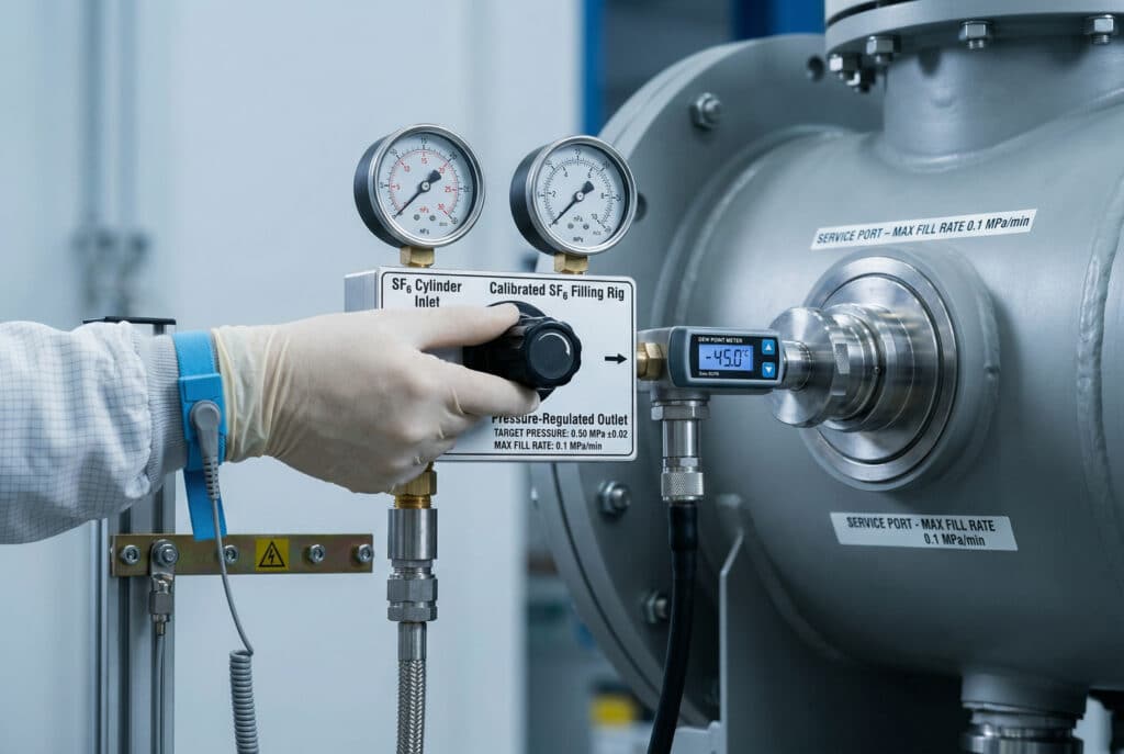 絶縁ガス部分に接続された圧力レギュレーターと水分アナライザーを備えた校正済みSF6充填装置を操作する、グラウンドリストストラップを着用した保守技術者の手に焦点を合わせた詳細写真。技術者の顔は見えない。充填装置とサービスポートには、正しい充填手順を強調する明確なラベルが貼られている。.