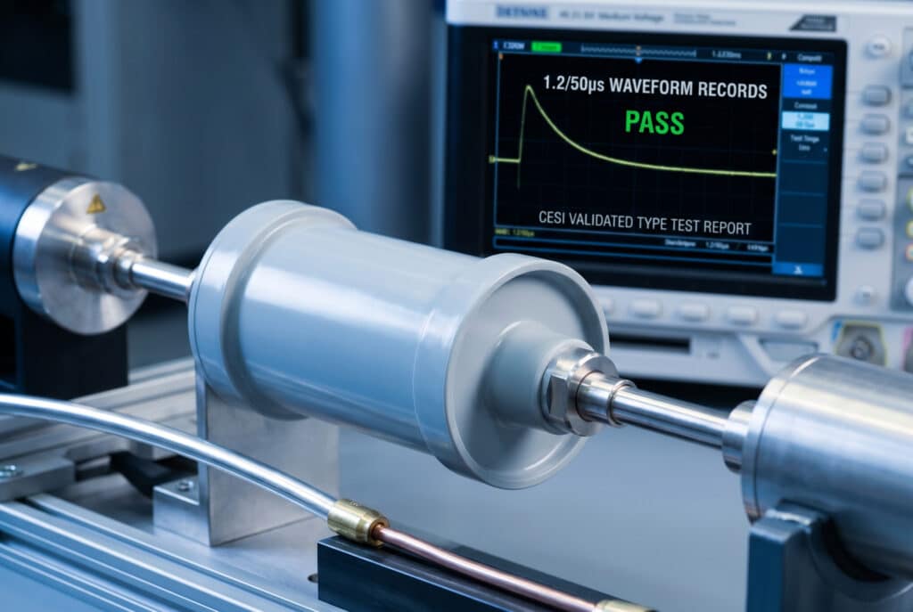 Laboratuvar ortamında çekilmiş yüksek çözünürlüklü bir teknik fotoğraf, bozulmamış, kusursuz bir 40,5kV orta gerilim yalıtım silindiri aksesuarına odaklanmıştır. Arka plandaki dijital osiloskop ekranı, başarılı LIWV testini ve şeffaf kalite güvencesini simgeleyen yeşil 'PASS' metni ve 'CESI onaylı' işaretleriyle temiz bir 1,2/50µs yıldırım darbesi dalga formunu açıkça göstermektedir.