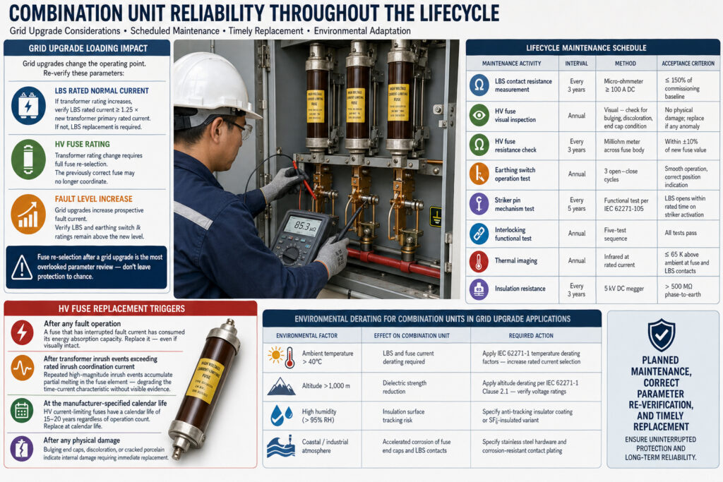 Infografik zur Lebenszyklus-Zuverlässigkeitsplanung für Mittelspannungskombinationsanlagen, einschließlich der Überprüfung von Netzaufrüstungsparametern, der Überprüfung der Wartung von LBS- und HV-Sicherungen, der Auslöser für den Austausch von Sicherungen und der Anforderungen an die Reduzierung der Umweltverträglichkeit.