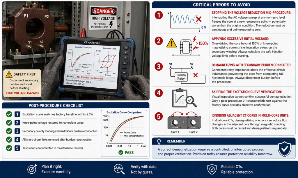 Kesintili gerilim azaltma, aşırı başlangıç gerilimi, bağlı sekonder yük, atlanan uyarma eğrisi doğrulaması ve çok çekirdekli CT'lerde göz ardı edilen manyetik kuplaj dahil olmak üzere orta gerilim CT manyetikliği giderme arıza nedenlerini gösteren teknik infografik ve güvenilir koruma performansı için işlem sonrası kontrol listesi.