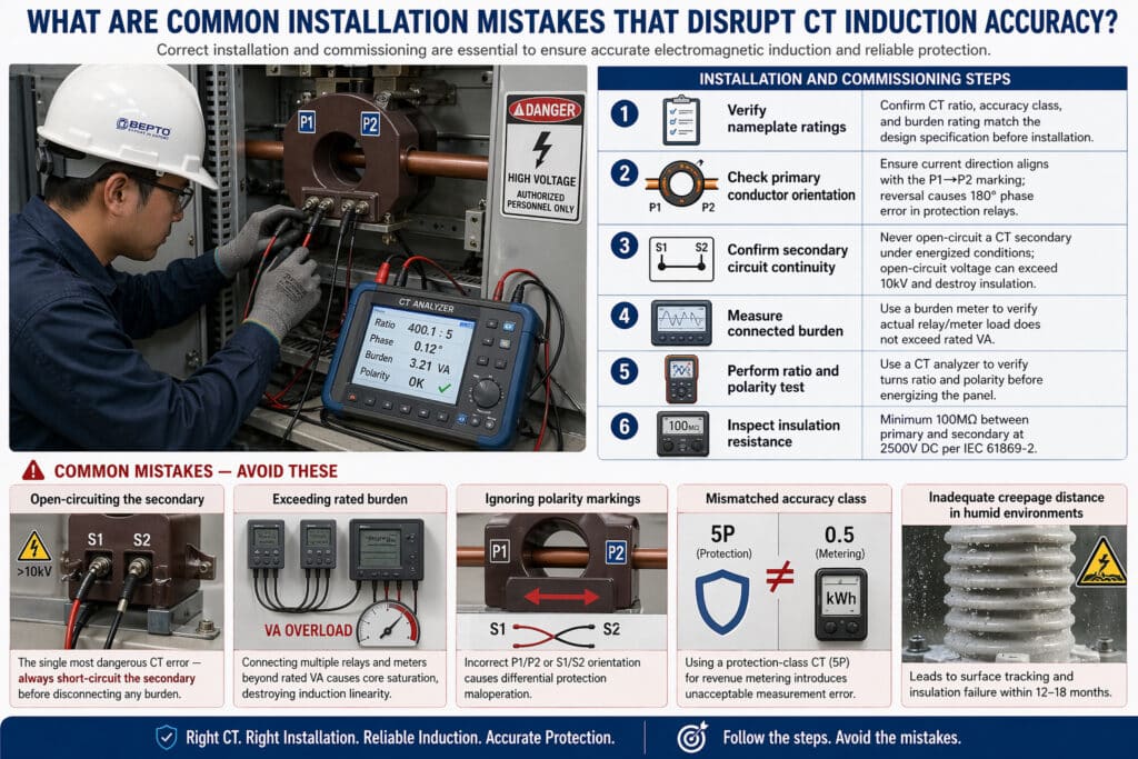 Infografia instrutiva de instalação de TC que mostra um técnico a testar um transformador de corrente de média tensão, com os principais passos de colocação em funcionamento e erros comuns que podem perturbar a precisão da indução, incluindo circuito aberto secundário, sobrecarga de carga, inversão de polaridade, incompatibilidade de classe de precisão e distância de fuga inadequada.