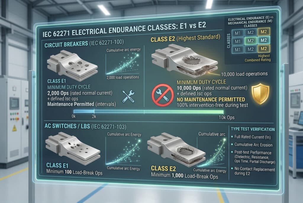 詳細な技術インフォグラフィックでは、中電圧スイッチギヤのIEC 62271電気耐久クラスE1とE2を比較しています。サーキットブレーカー（IEC 62271-100）の場合、E1ではメンテナンスが許可される場合の動作回数が2,000回であるのに対し、E2では10,000回のメンテナンスフリーの通常電流動作が要求されることが示されています。また、ACスイッチ（IEC 62271-103）についても、E1が100回の負荷遮断動作に対し、E2は1,000回の負荷遮断動作が要求されるという違いが示されています。この画像は、型式試験の検証ステップと、介入のない性能を実現するためにM2/E2仕様を組み合わせることの重要性を強調しています。.