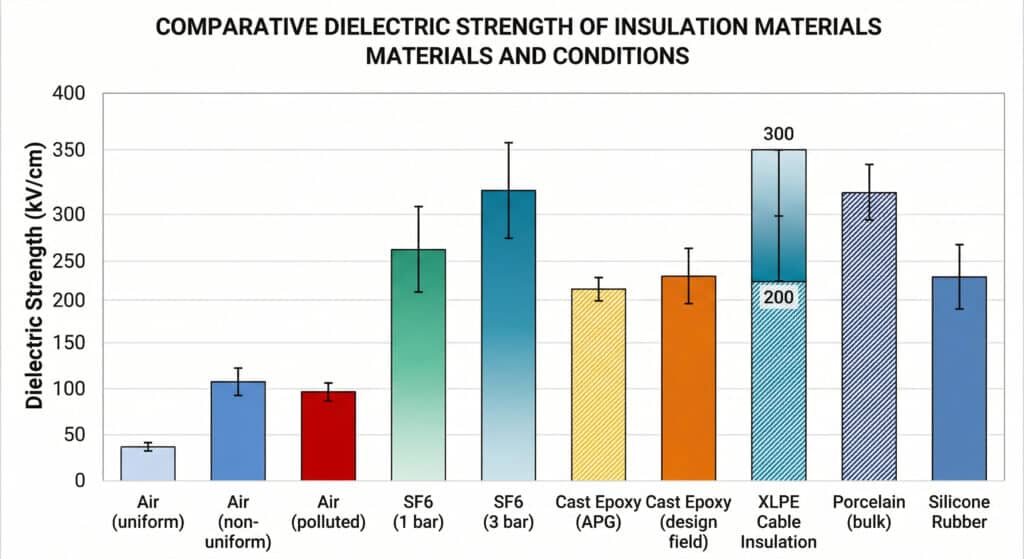 'İZOLASYON MALZEMELERİNİN KARŞILAŞTIRMALI DİELEKTRİK DAYANIMI' başlıklı bilimsel bir çubuk grafik. Y ekseni 0 ila 400 arasında 'Dielektrik Dayanımı (kV/cm)' ölçer. X ekseni, 'Hava (üniform)', 'Hava (üniform olmayan)', 'Hava (kirli)', 'SF6 (1 bar)', 'SF6 (3 bar)', 'Dökme Epoksi (APG)', 'Dökme Epoksi (tasarım alanı)', 'XLPE Kablo İzolasyonu', 'Porselen (dökme)' ve 'Silikon Kauçuk' dahil olmak üzere yalıtım malzemelerini ve koşullarını listeler. XLPE çubuğu benzersizdir ve "200" ve "300" işaretli değerlerle belirli bir aralığı gösterirken, diğer çubuklar hata çubuklarıyla birlikte bireysel değerler sunar.