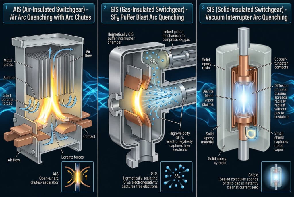 Uma ilustração técnica comparativa que visualiza os diferentes mecanismos de extinção de arco em três tipos de painéis de distribuição de média tensão: Isolado a ar (AIS) com calhas de arco, isolado a gás (GIS) com sopro de SF6 e isolado sólido (SIS) com um interruptor a vácuo. Cada seção detalha o processo de engenharia de extinção de arco para aquele meio e arquitetura específicos.
