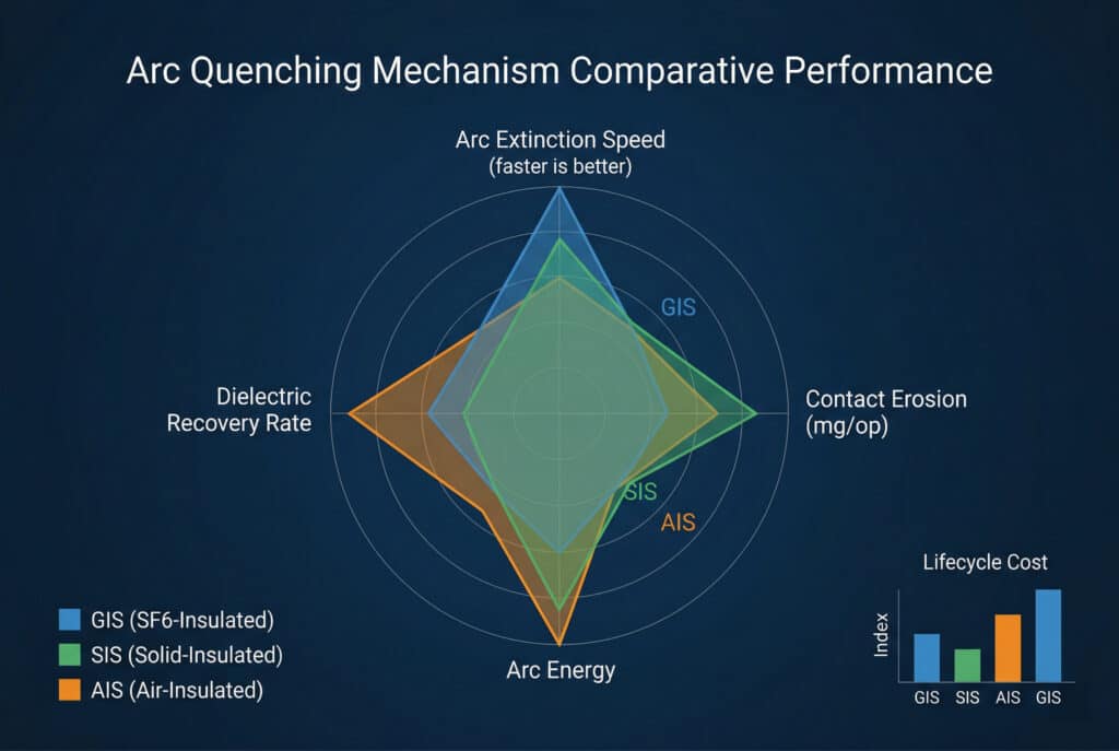 Uma sofisticada visualização de dados profissionais em um estilo de gráfico de radar em um fundo azul escuro de tecnologia corporativa moderna, comparando o desempenho de três tipos de painéis de distribuição de média tensão: GIS (isolado com SF6), SIS (isolado com sólido) e AIS (isolado com ar). O gráfico tem cinco eixos principais derivados da tabela de parâmetros: 1) Velocidade de extinção do arco, 2) Erosão do contato, 3) Energia do arco e 4) Taxa de recuperação dielétrica. Três polígonos coloridos e sobrepostos mostram seu desempenho relativo, com GIS em azul, SIS em verde e AIS em laranja. Não há elementos ou paisagens do mundo real.