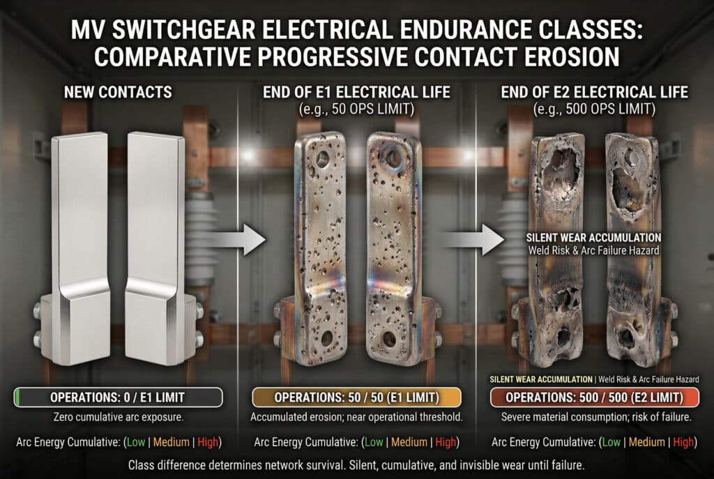 中電圧（MV）開閉器の負荷遮断接点または故障遮断接点の3つの異なるペアの累積アーク放電を比較した写真インフォグラフィックで、電気的耐久性クラスE1およびE2の概念を示しています。一般的なMVスイッチギヤの内部チャンバ内に正確な3枚のパネルを水平に分割して配置し、「NEW CONTACTS」（無垢、0動作、E1制限プログレスバー）、「E1 ELECTRICAL LIFE END OF E1 ELECTRICAL LIFE（例．50 OPS LIMIT）」（ポックマークと丸みを帯びたエッジで著しく浸食、50/50のプログレスバー）、「E2 ELECTRICAL LIFE END OF E2 ELECTRICAL LIFE（500 OPS LIMITなど）」（大量の材料損失、深いクレーター、暗いパティーナ、菲薄化、小さなテキストオーバーレイで著しく劣化：SILENT WEAR ACCUMULATION | Weld Risk & Arc Failure Hazard'、500/500プログレスバー付き）。MV SWITCHGEAR ELECTRICAL ENDURANCE CLASSES：比較的進行性接触侵食」とある。摩耗の進行が明確に描かれている：材料が消費され、エッジが丸くなり、あばたが深くなっている。テキストは100%で、英語のみ。かすかなディテールから、一般的な絶縁体とバスバーが示唆される。かすかなディテールから、一般的な絶縁体とバスバーであることがわかる。図版なし。.