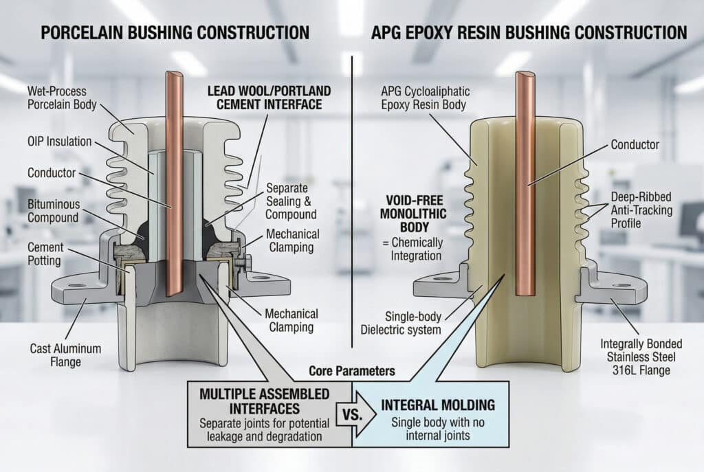 此詳細技術圖比較了傳統瓷壁襯套和 APG 環氧樹脂壁襯套的截面結構，突出了它們內部結構的差異。圖中強調了瓷質壁襯與環氧樹脂壁襯的多組份組裝與獨立介面，以及無空隙的整體結構。.