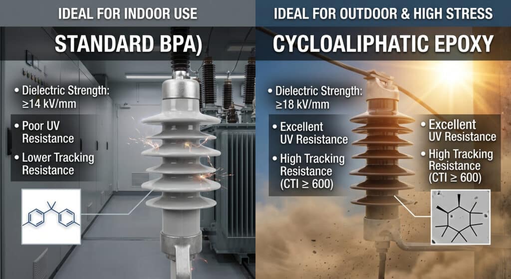 A professional, technical comparison illustration split between indoor and outdoor scenarios, showcasing the performance differences of standard BPA versus cycloaliphatic epoxy medium-voltage insulators under electrical stress and environmental exposure.
