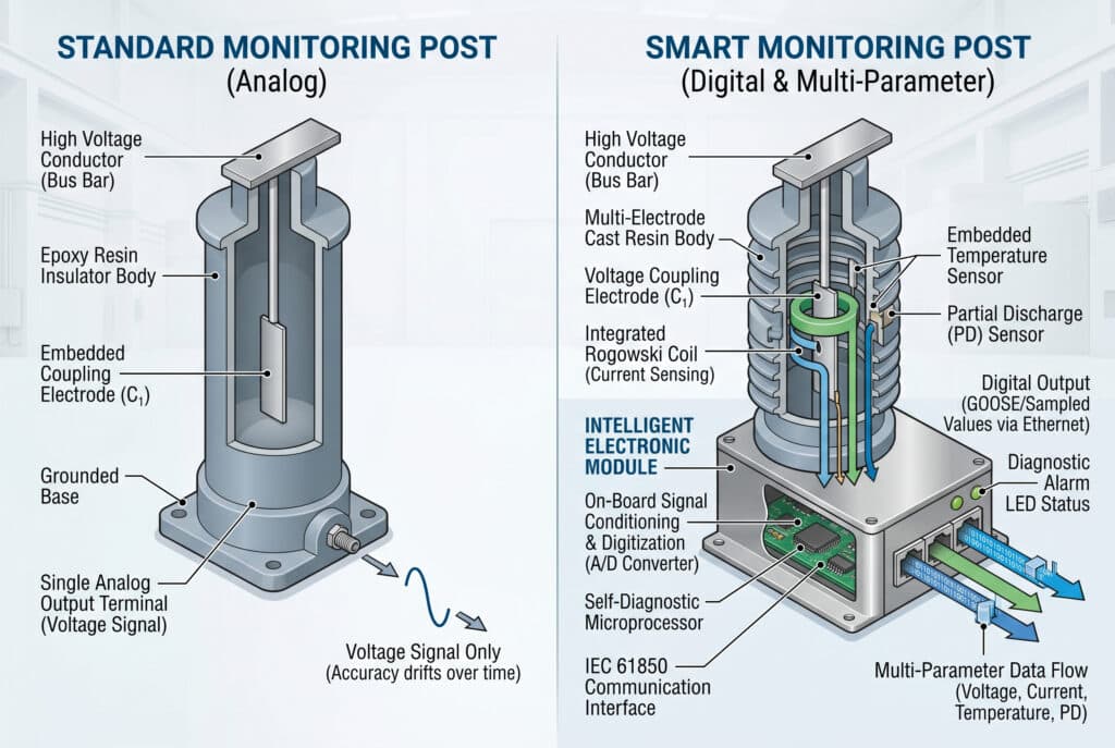 Eine technische Illustration auf Komponentenebene, in der ein Standard-Überwachungspfosten und ein intelligenter Überwachungspfosten verglichen werden. Das Bild zeigt nebeneinander aufgeschnittene Diagramme, die die interne Architektur der beiden Posten detailliert darstellen: der Standardpfosten auf der linken Seite zeigt eine einfache kapazitive Kopplung für die Spannungsmessung und der intelligente Pfosten auf der rechten Seite zeigt integrierte Sensoren für mehrere Parameter (Spannung, Strom, Temperatur, Teilentladung) zusammen mit dem integrierten intelligenten elektronischen Modul und der digitalen Schnittstelle.