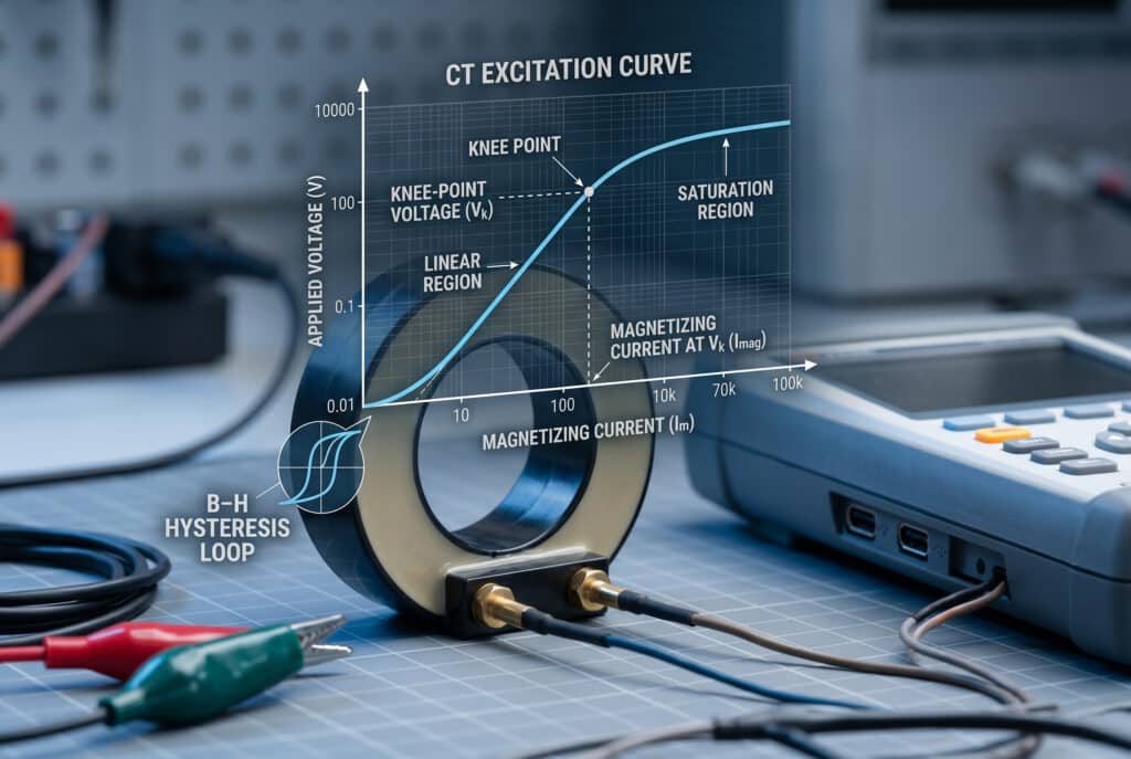 Fiziksel bir Akım Transformatörünün üzerine yerleştirilmiş olan bu ayrıntılı diyagram CT Uyarma Eğrisini göstermektedir. Özellikle önemli parametreleri vurgular: Doğrusal Bölge, doygunluğun başladığı kritik Diz Noktası ve Doygunluk Bölgesi, Uygulanan Gerilim (Vk) ve Mıknatıslanma Akımı arasındaki ilişkiyi açıkça gösterir.