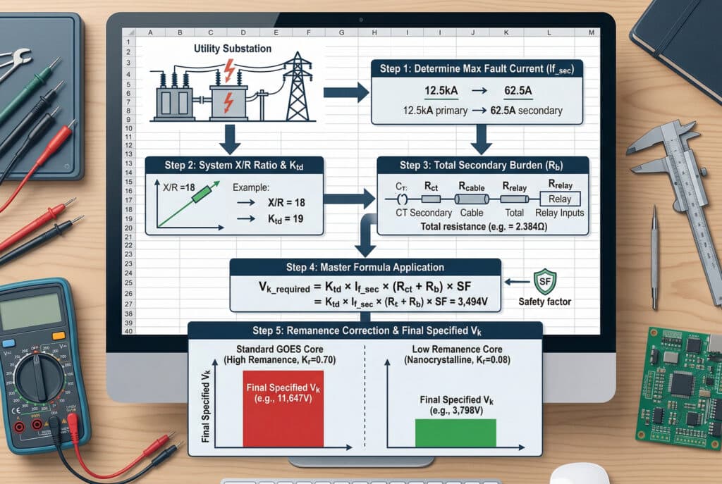 CT Diz Noktası Gerilimini hesaplamak için 5 adımlı süreci gösteren teknik bir şematik akış diyagramı. Görsel, net grafikler ve arıza akımı (62,5A), X/R oranı ve yük (Rct + Rb) gibi örnek veriler kullanarak izleyiciyi Adım 1'den Adım 5'e kadar yönlendirir. Ana formül belirgin bir şekilde gösterilir ve açıklama eklenir. Son bölüm, standart bir GOES Çekirdek (11,647V) ile Düşük Kalıntı Nanokristal Çekirdek (3,798V) arasındaki Nihai Belirtilen Vk'daki büyük farkı vurgulayarak malzeme seçimiyle ilgili temel mesajı pekiştirmektedir.