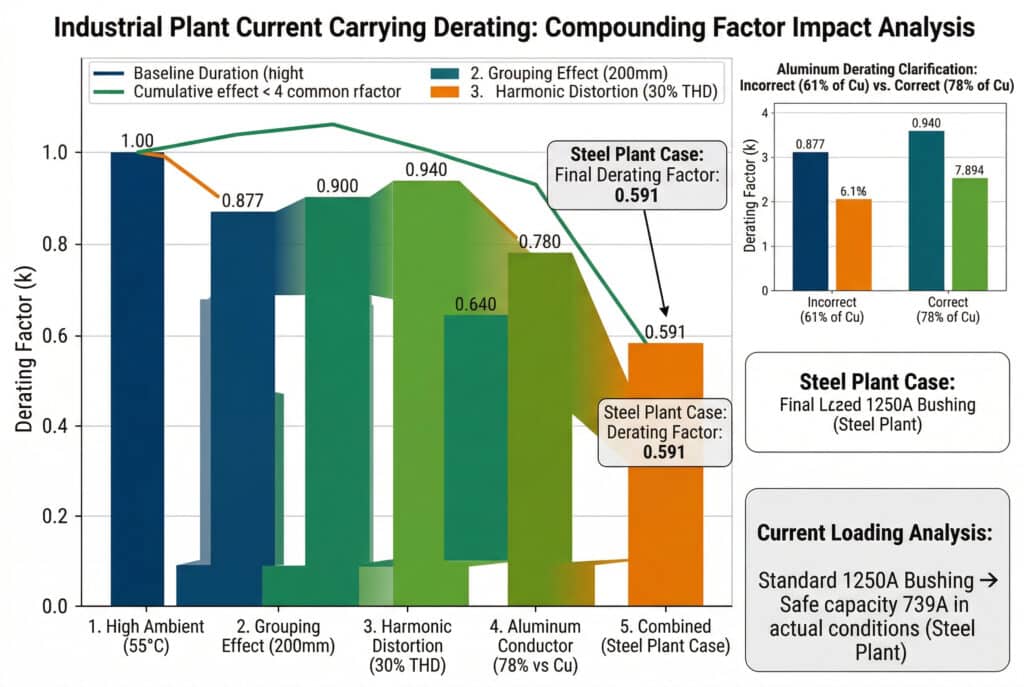 Una imagen estática de un cuadro de mandos de visualización de datos científicos moderno, desprovisto de fotografías de fallos dramáticos. El enfoque principal es un gráfico detallado de análisis de impacto de múltiples factores compuestos titulado Industrial Plant Current Carrying Derating: Compounding Factor Impact Analysis. Este gráfico de barras ilustra cómo los errores del 1 al 4 (temperatura ambiente, agrupamiento, armónicos, aluminio) se combinan para reducir la capacidad de corriente segura, con un destacado resalte del caso de la planta siderúrgica y su factor de reducción combinado final resultante de 0,591. Unos cuadros comparativos y paneles resumen más pequeños aclaran el error de reducción de potencia del aluminio y el análisis de la carga de corriente, proporcionando un claro resumen visual de los argumentos cuantitativos del artículo técnico. No hay personas presentes.